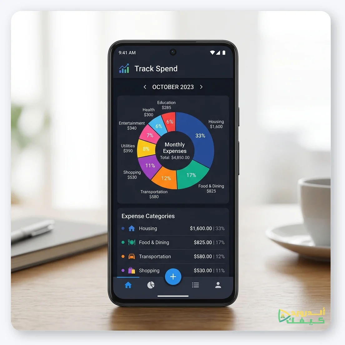 واجهة تطبيق Wallet تظهر الرسوم البيانية لتوزيع المصاريف