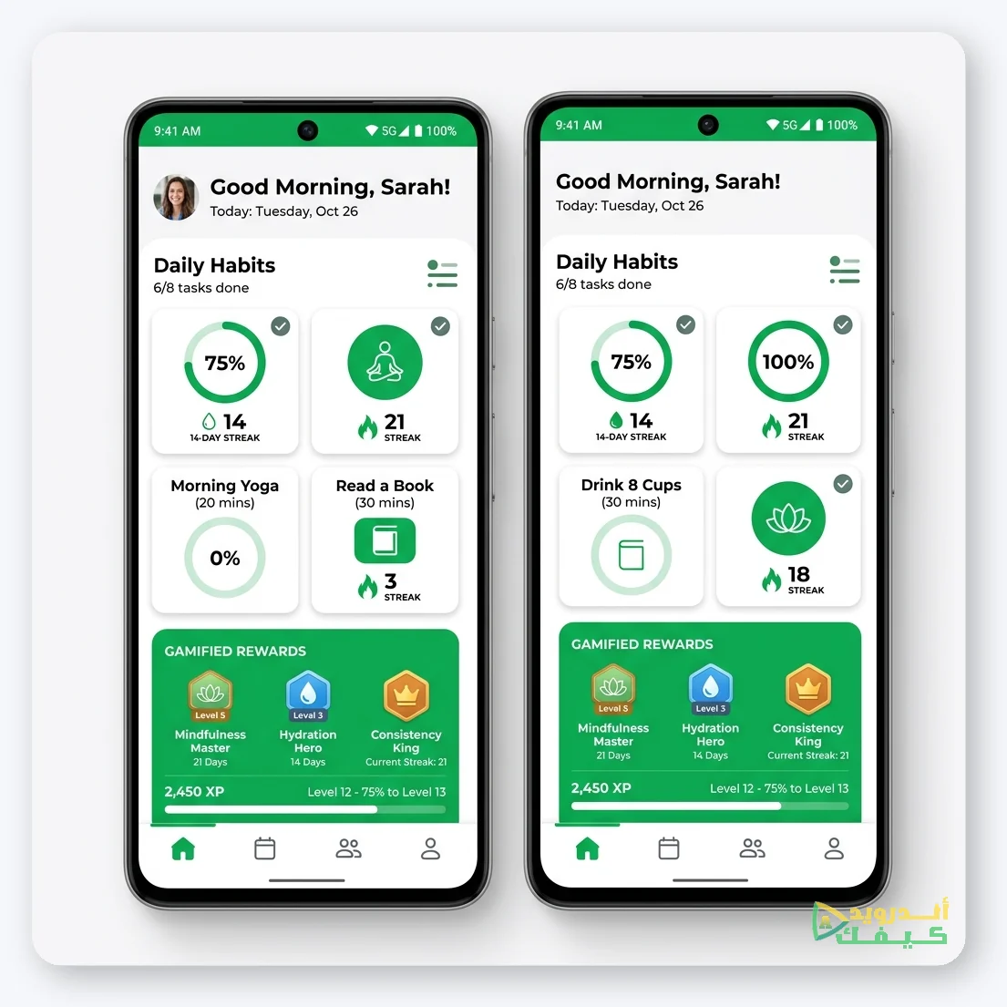 واجهة تطبيق تتبع العادات توضح سلاسل الإنجاز (Streaks) والمؤشرات