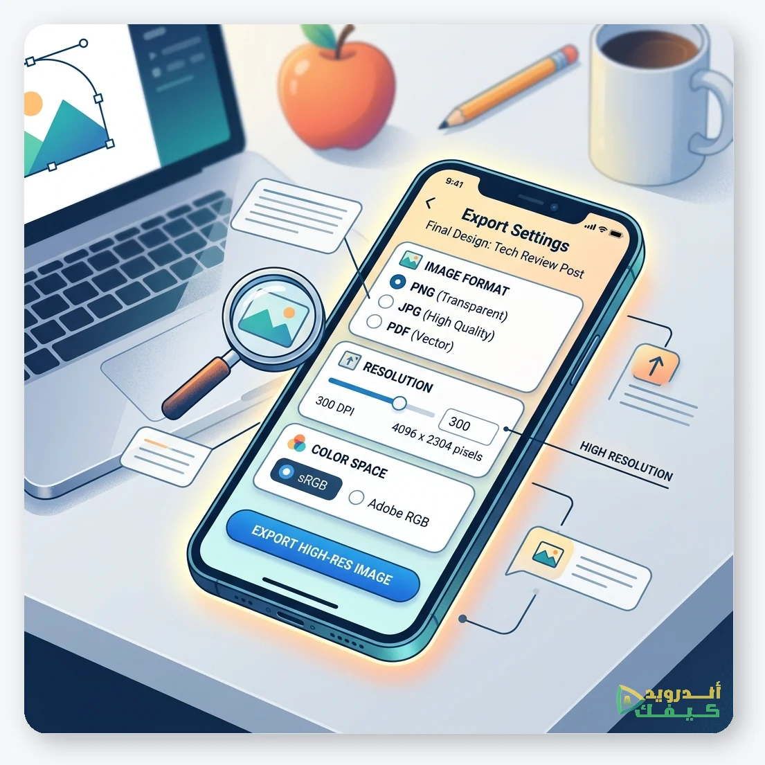 إعدادات تصدير الصورة بجودة عالية للتطبيقات
