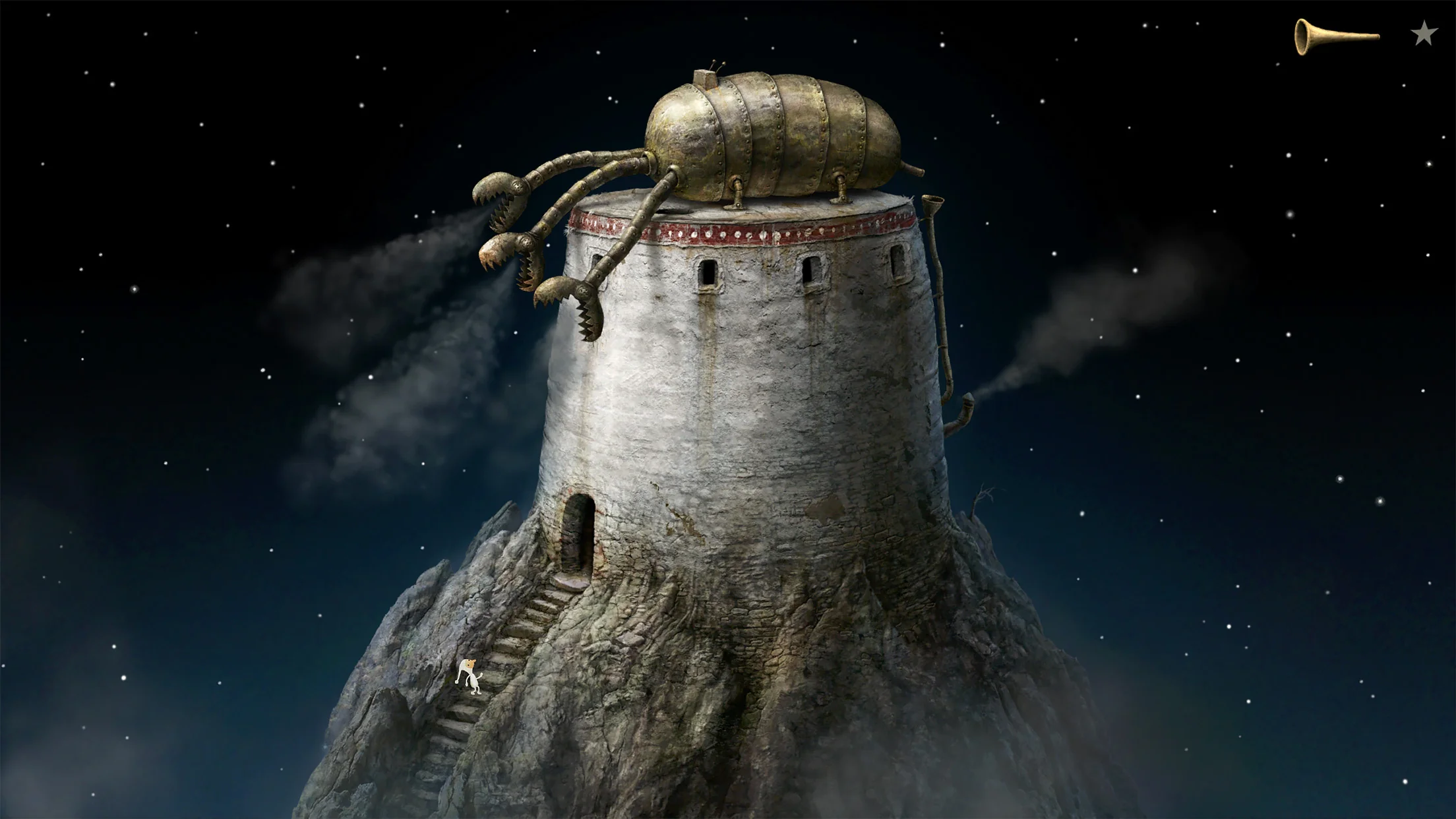 قزم Samorost 3 يصعد درج برج تحت كائن آلي كبير في فضاء مظلم