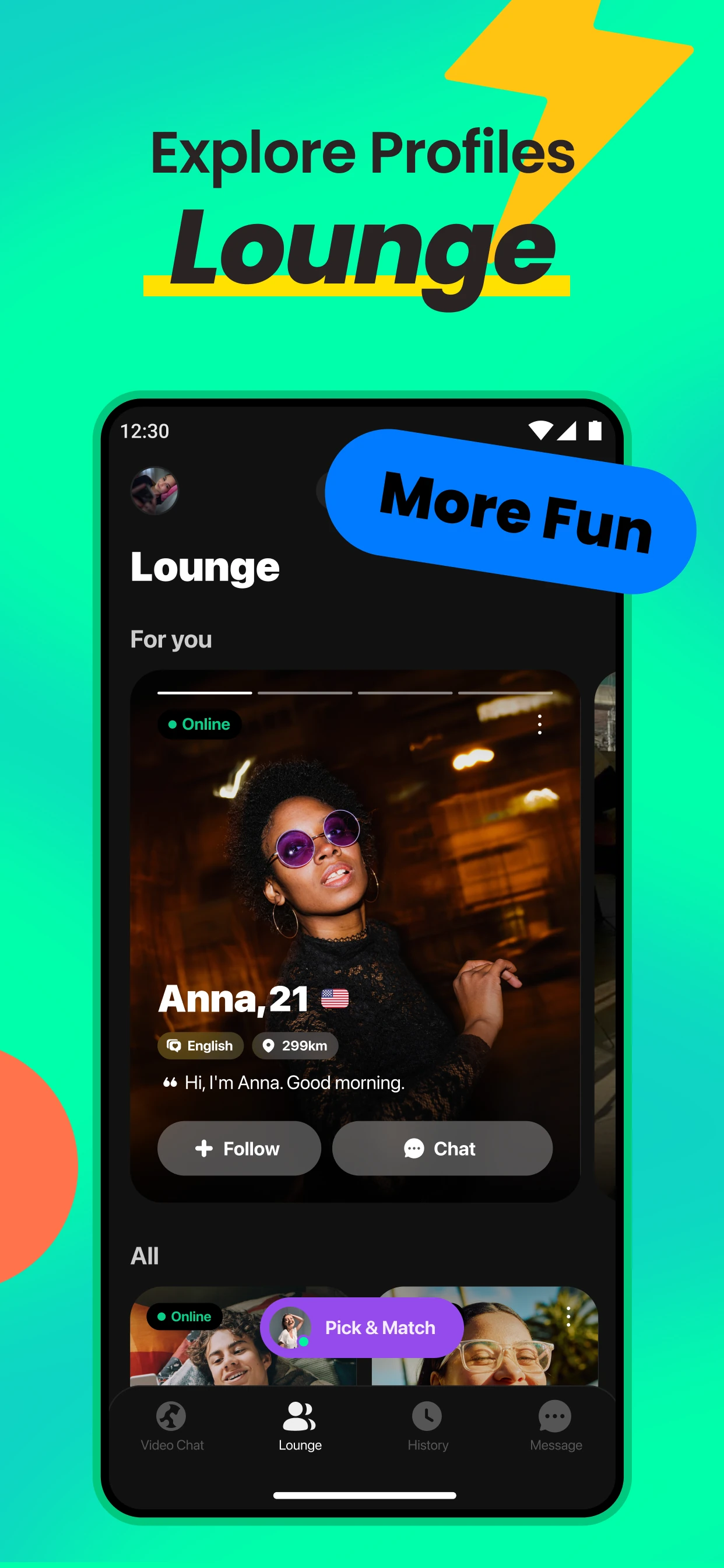 واجهة Lounge في تصميم Azar الرسمي تعرض ملفاً شخصياً وأزرار Follow وChat