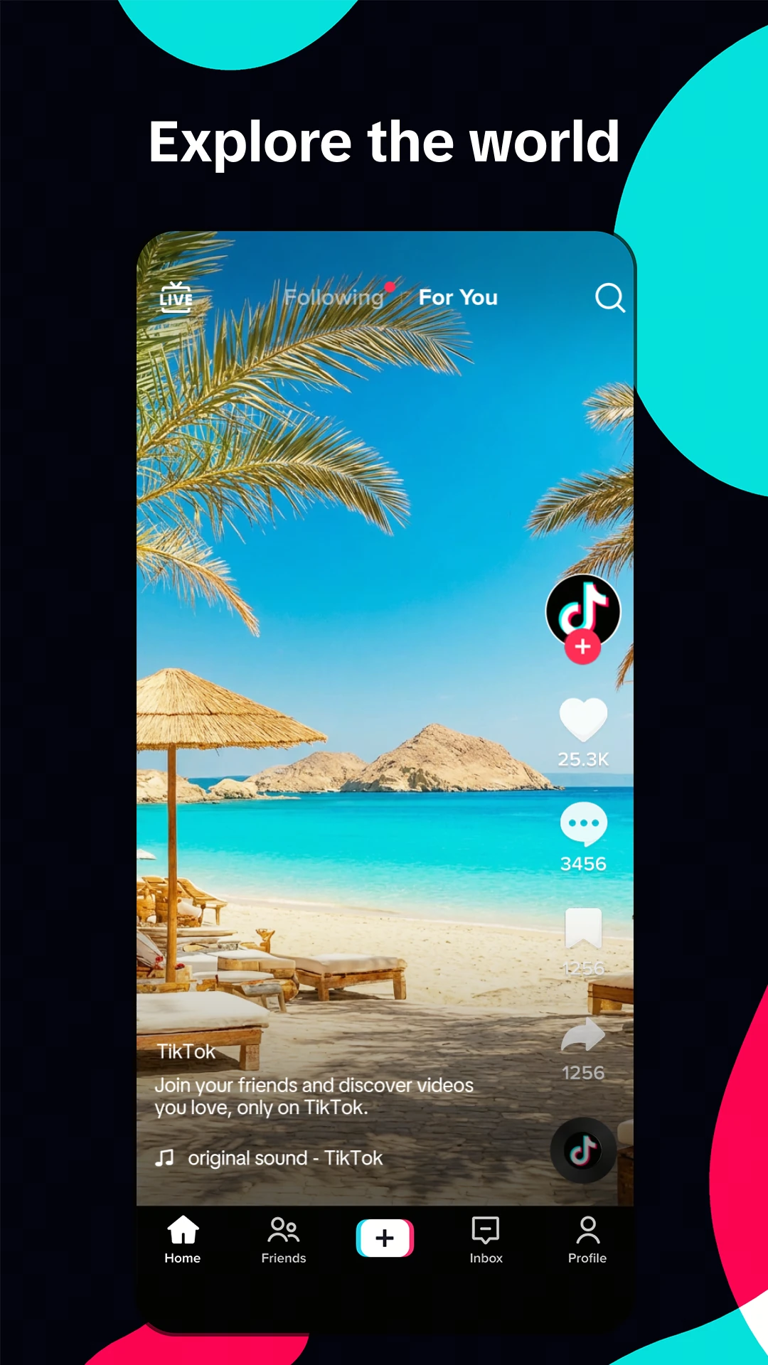 واجهة فيديو TikTok بأزرار المتابعة والبحث والملف الشخصي