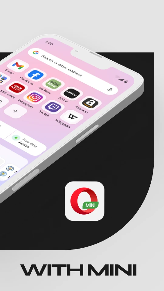 صفحة اختصارات مواقع وردية وشريط البحث داخل صورة Opera Mini الترويجية الحالية