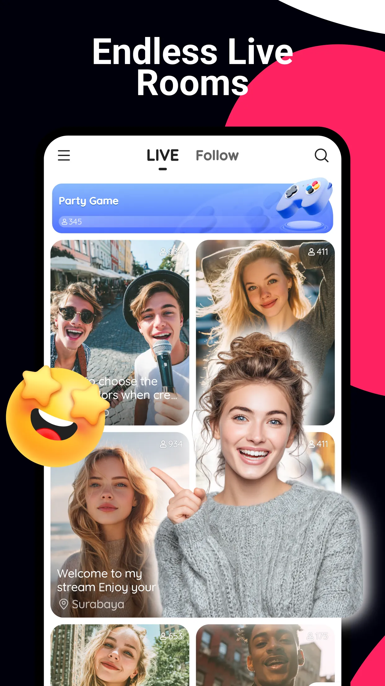 قائمة غرف بث Likee تحت تبويب LIVE وبجوارها Follow