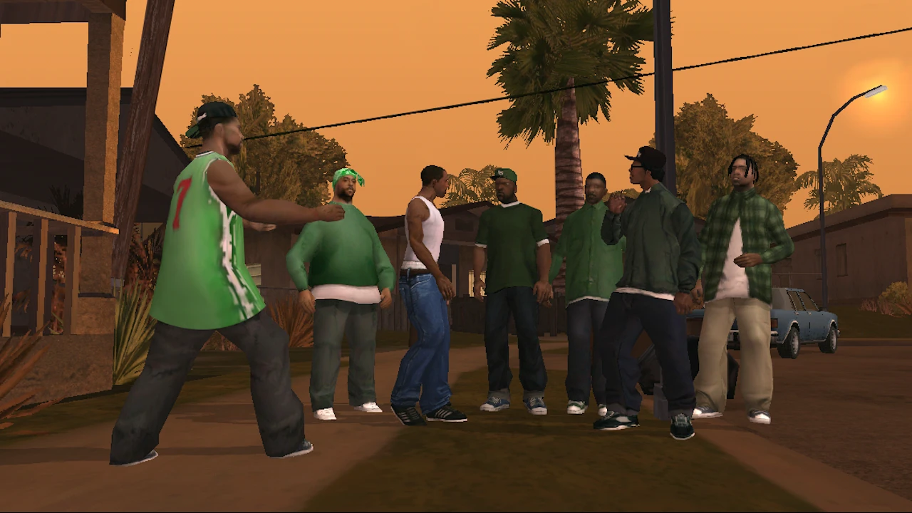 CJ مع مجموعة شخصيات في شارع عند الغروب في San Andreas الكلاسيكية