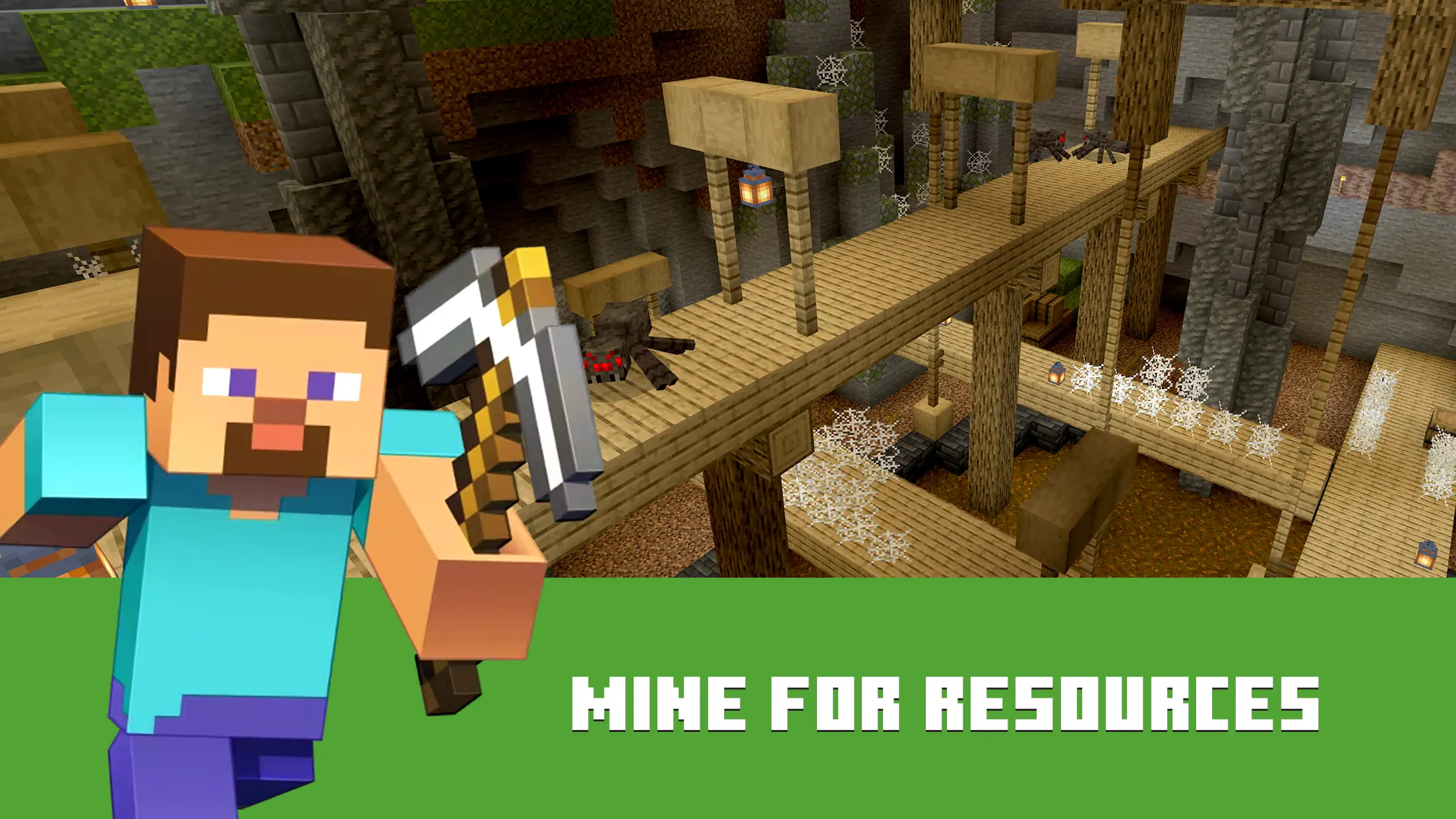 Steve يحمل أداة تعدين أمام ممرات خشبية وعناكب في كهف Minecraft