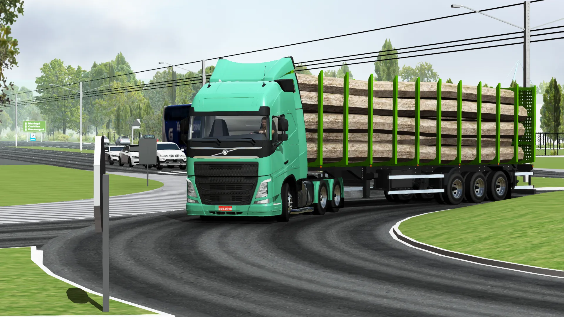شاحنة خضراء محملة بجذوع خشب تجتاز منعطفًا في World Truck Driving Simulator