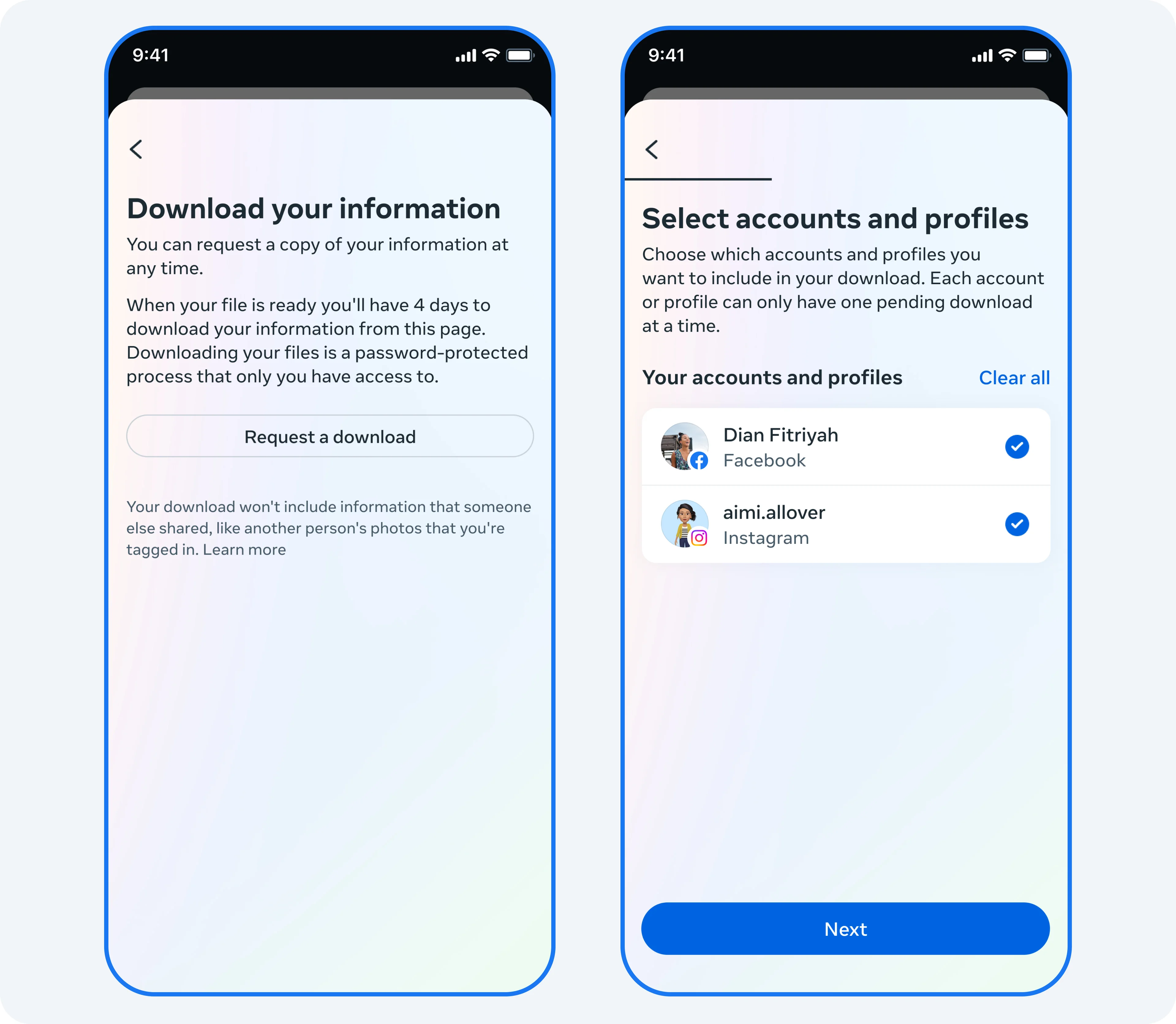 مثال Meta يعرض طلب تنزيل المعلومات واختيار ملفي Facebook وInstagram