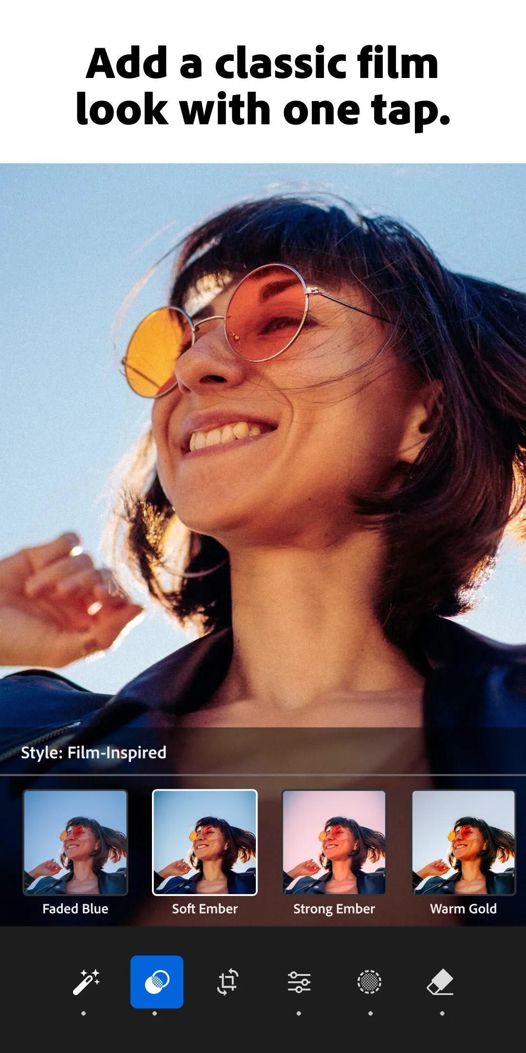 واجهة Lightroom تعرض صورة ونماذج مرشحات Film-Inspired بينها Soft Ember
