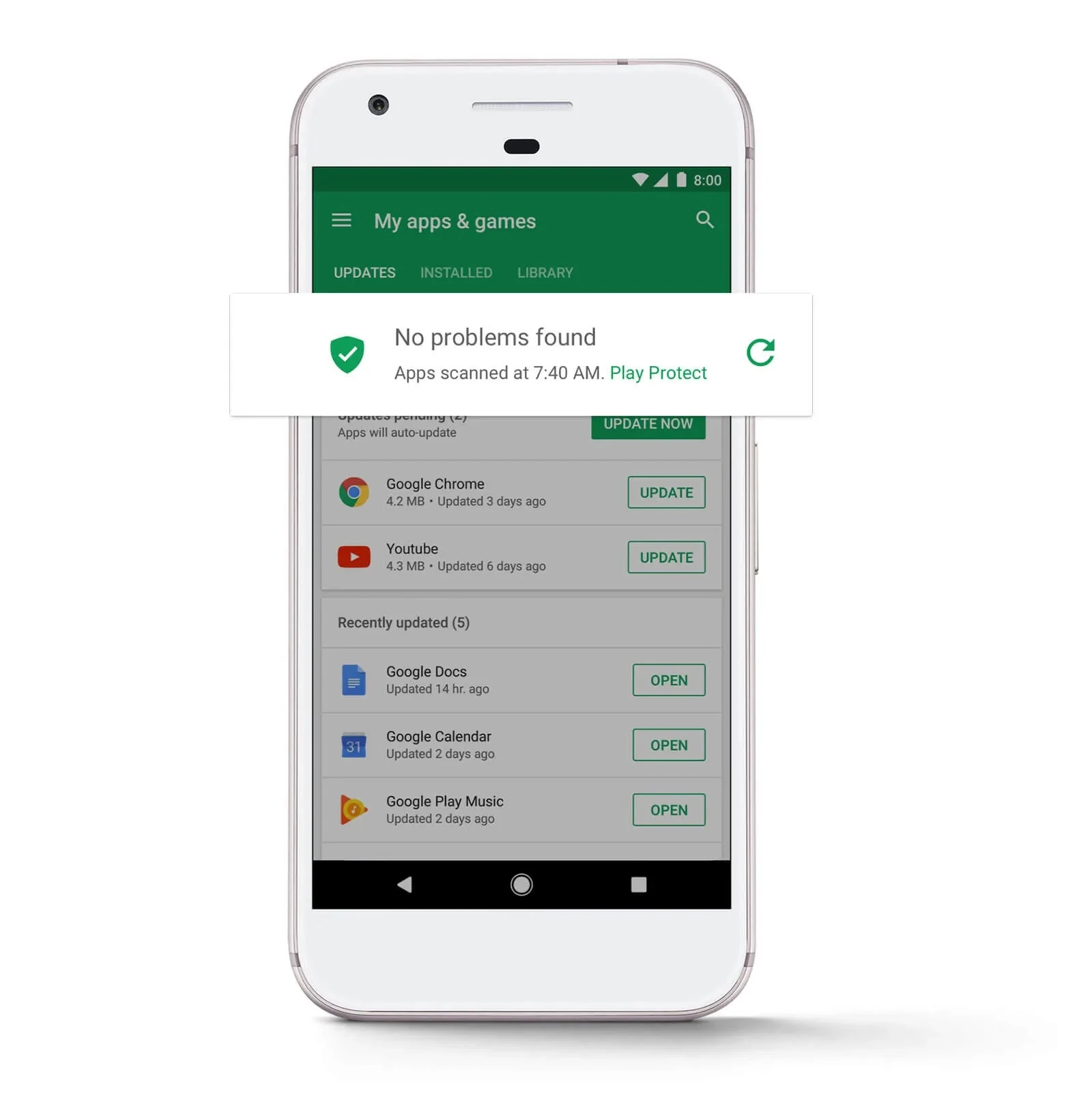 هاتف بواجهة Google Play قديمة وإشعار Play Protect يقول إنه لم يعثر على مشاكل بعد فحص التطبيقات