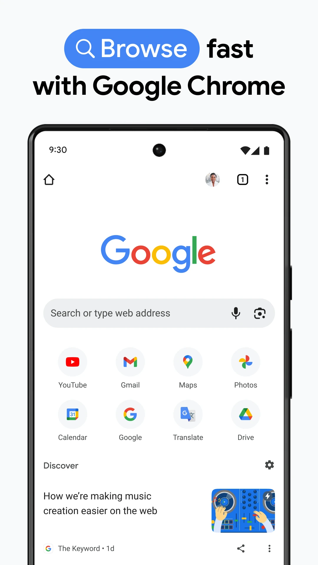 واجهة Chrome تعرض صفحة Google وحقل البحث أو كتابة عنوان ويب