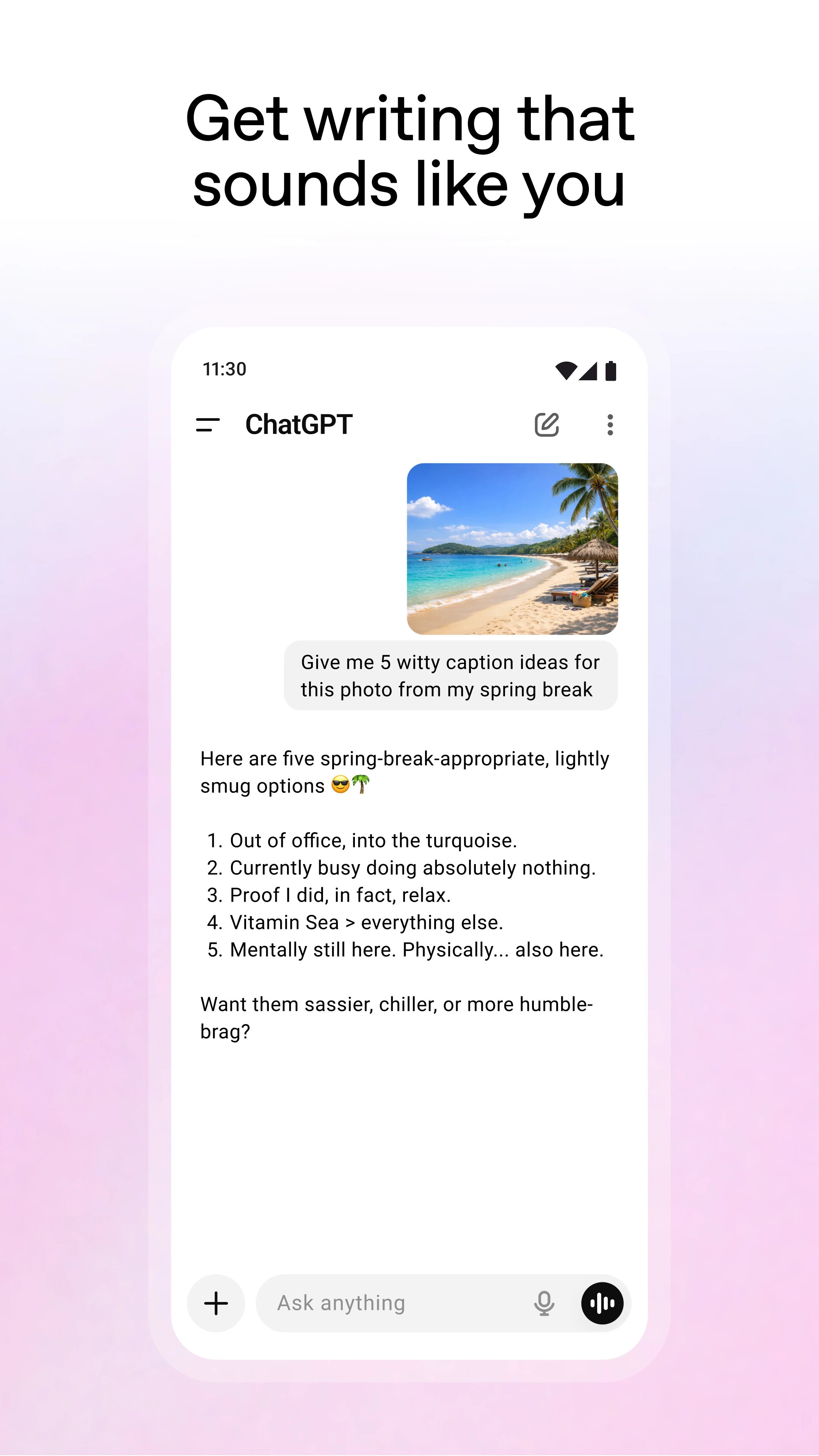 مثال رسمي داخل ChatGPT لصورة شاطئ وطلب أفكار وصف ثم إجابة نصية متعددة الاقتراحات