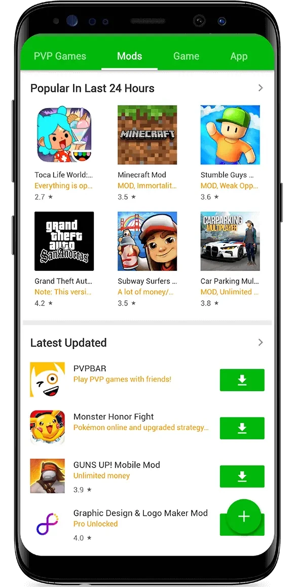 شاشة HappyMod الخضراء في تبويب Mods تعرض ألعابًا وأوصاف تعديل برتقالية وقسم Latest Updated