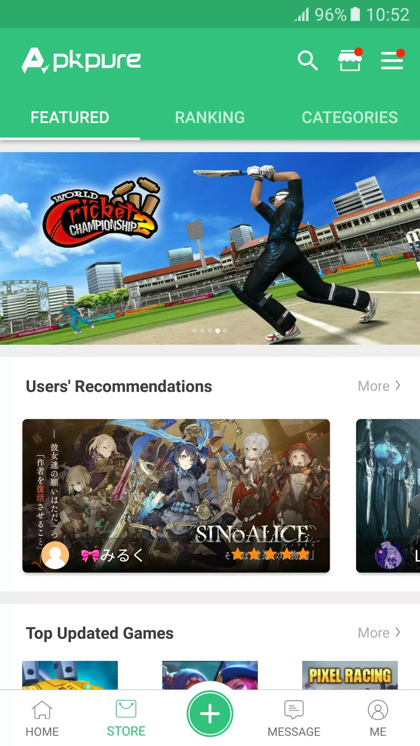 واجهة APKPure تعرض Featured وRanking وCategories مع اقتراح World Cricket Championship 2 وألعاب أخرى