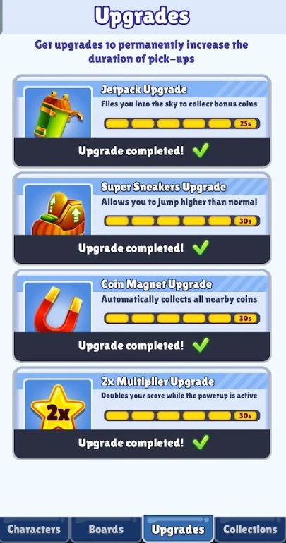 قائمة Upgrades وفيها أربعة أشرطة لترقية قوى صب واي