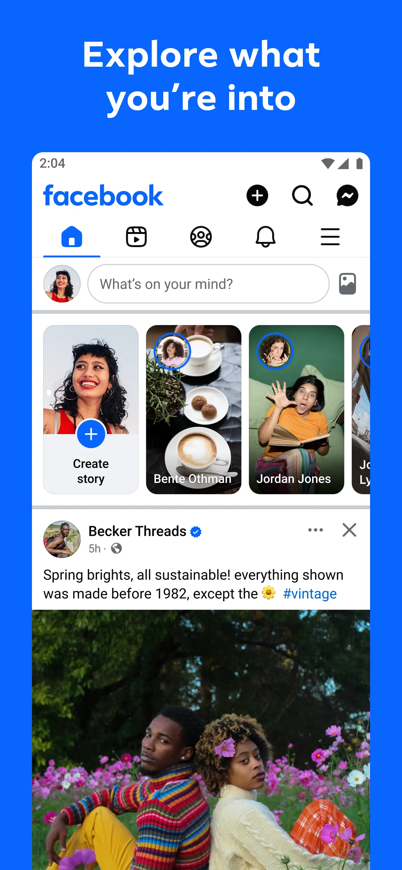 واجهة Feed في Facebook مع شريط قصص ومنشور ملابس من Becker Threads