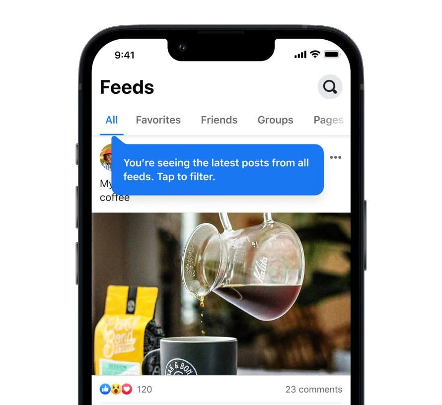 تبويبات All وFavorites وFriends وGroups وPages داخل شاشة Feeds