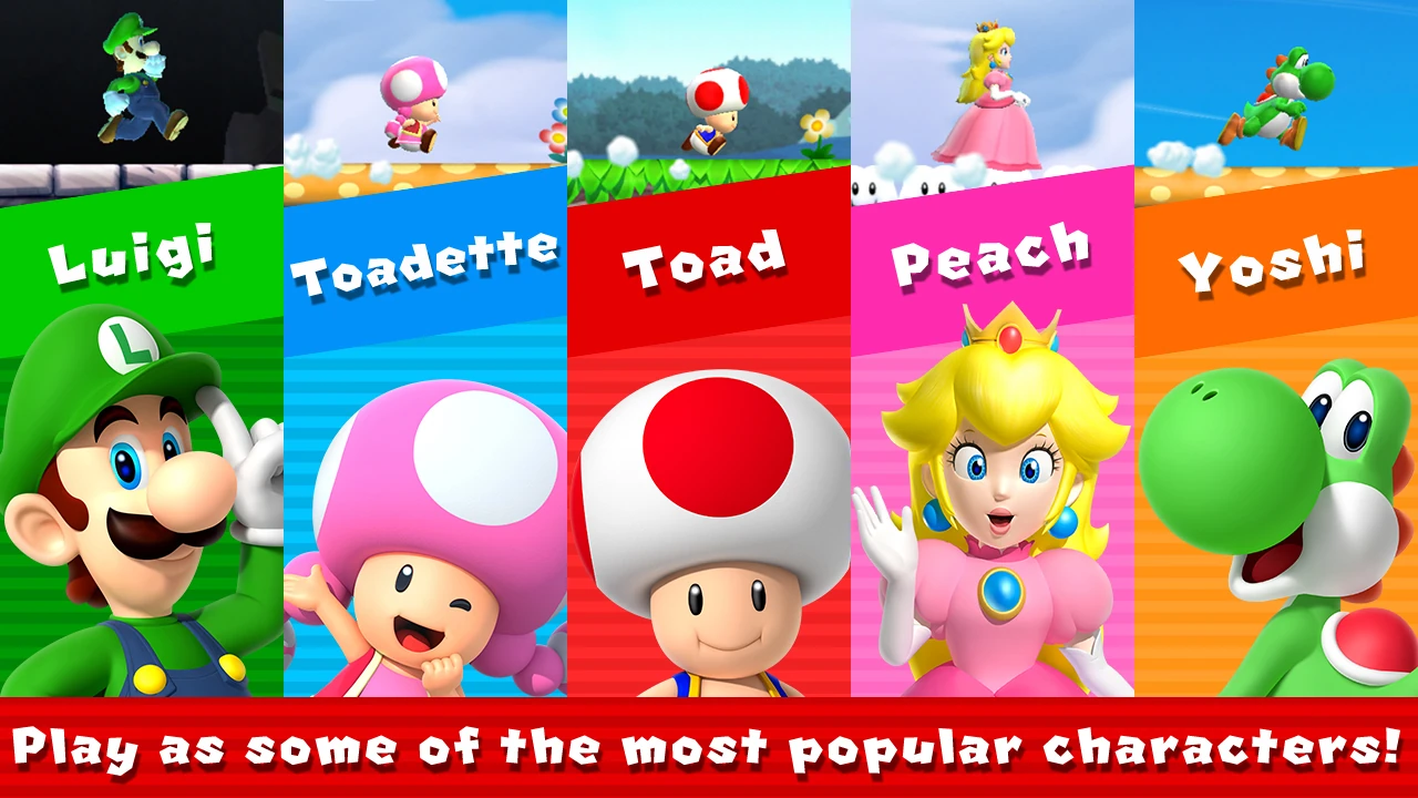 شخصيات Luigi وToadette وToad وPeach وYoshi في تكوين Nintendo مع لقطات لعب في الأعلى
