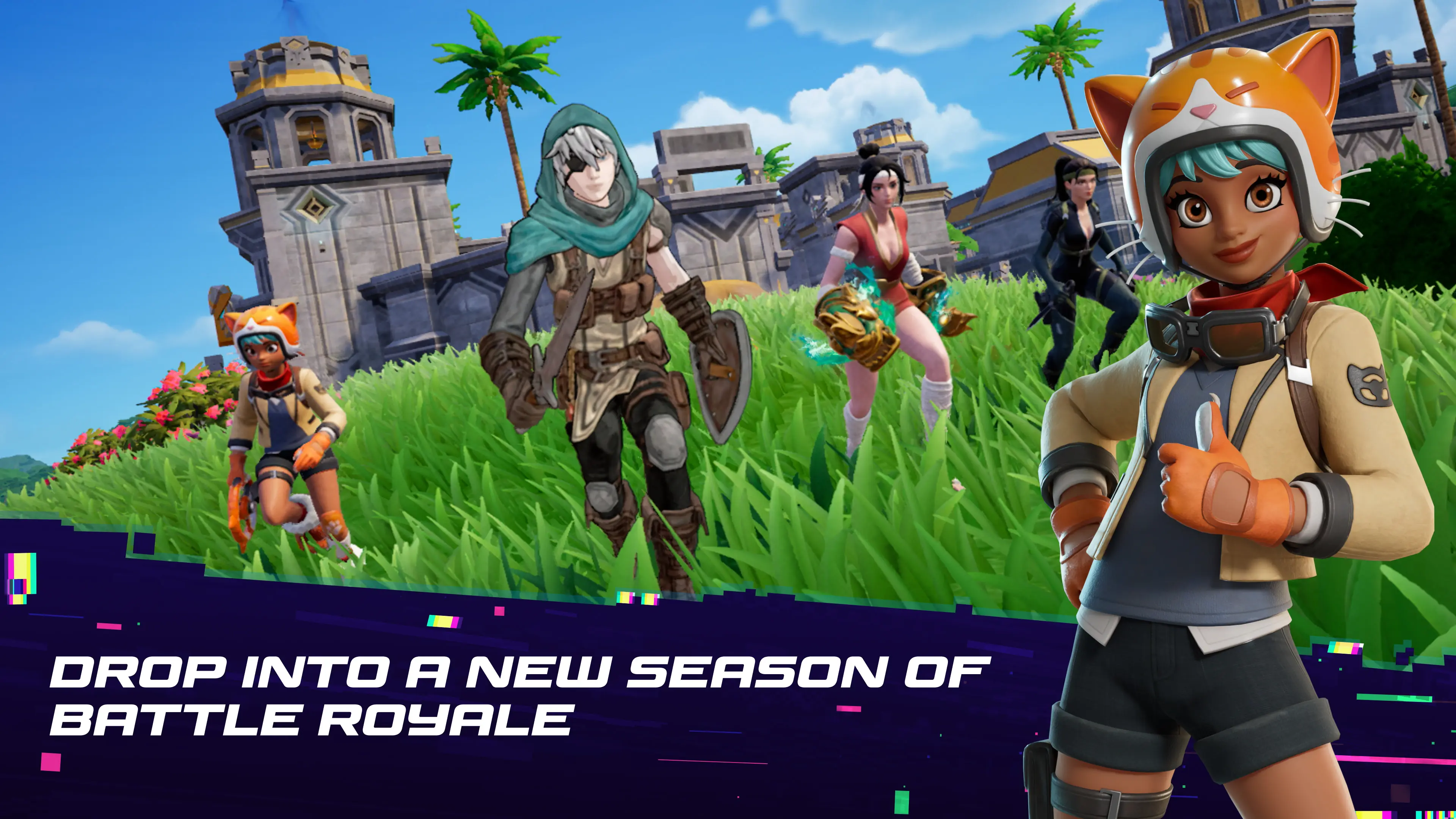 شخصيات متعددة أمام أطلال وأشجار نخيل في صورة Fortnite الرسمية
