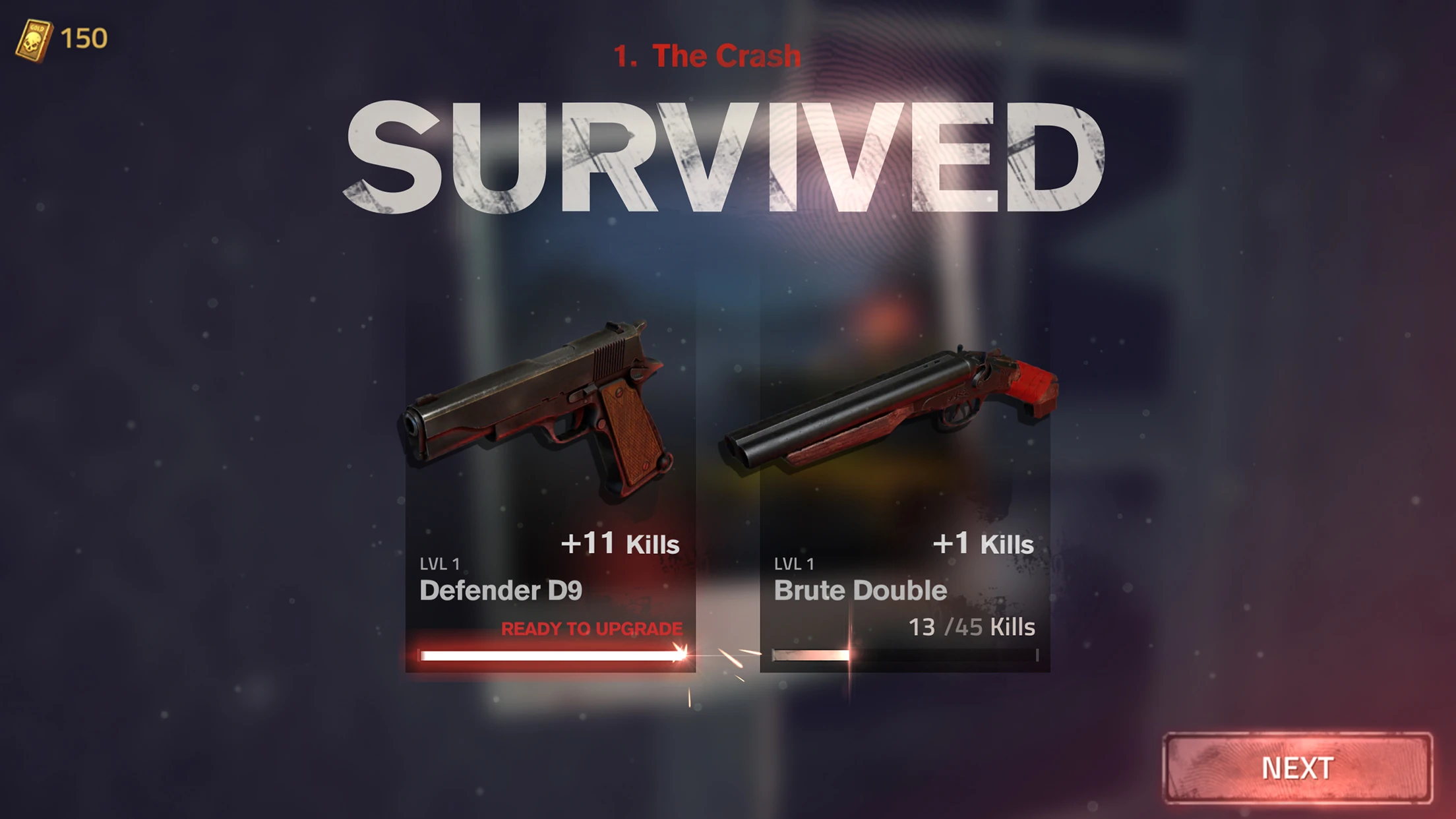 نتيجة مرحلة The Crash في Into the Dead 2 Unleashed مع رصيد الذهب وتقدم سلاحي Defender D9 وBrute Double