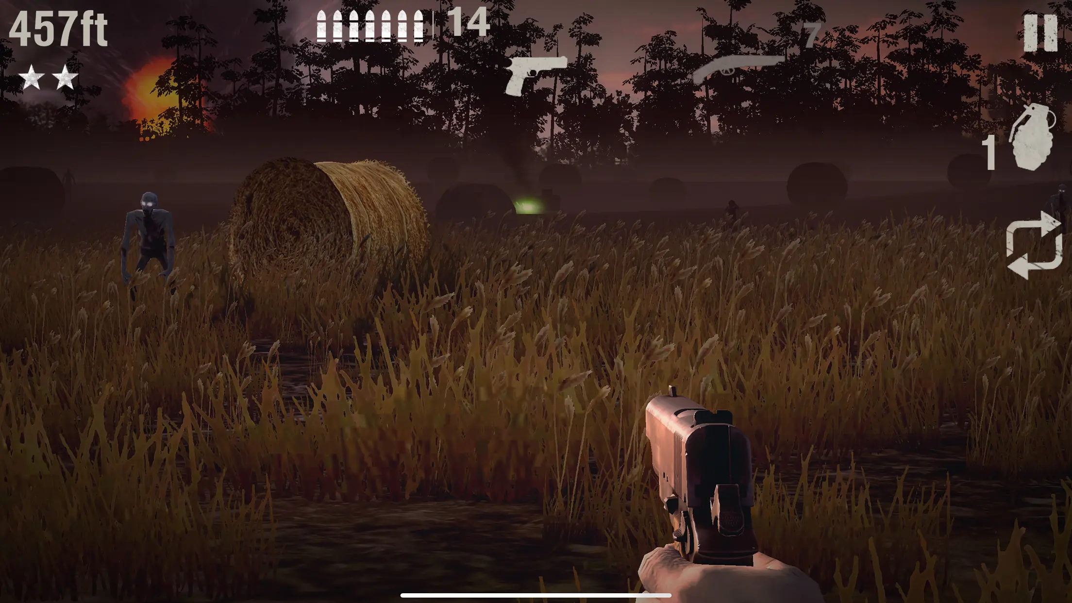 مشهد منظور أول في حقل عند الغروب مع مسدس وعداد ذخيرة في Into the Dead2Unleashed