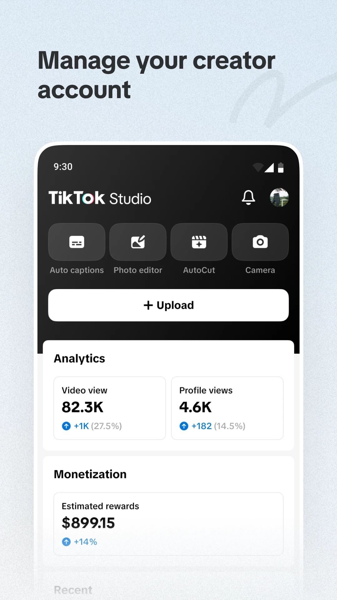لوحة TikTok Studio تعرض أدوات الإنشاء وAnalytics ومؤشرات حساب