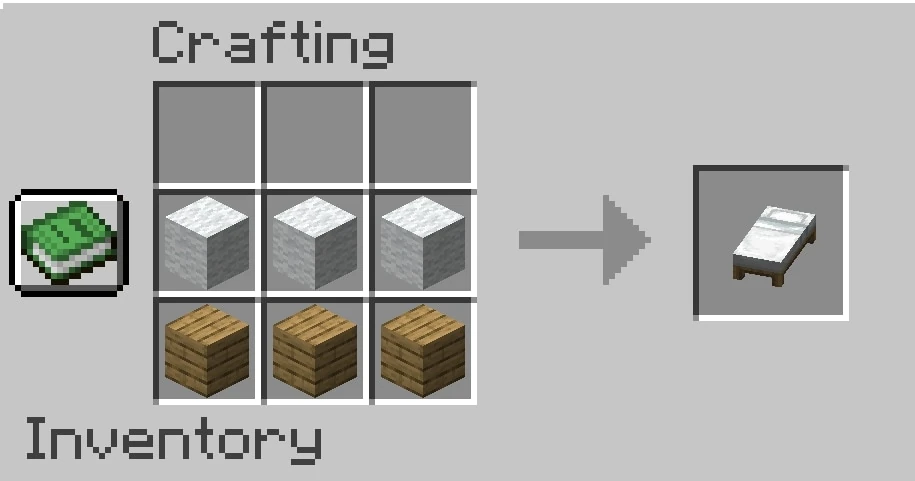 صورة Crafting تعرض ثلاثة مكعبات صوف فوق ثلاثة ألواح خشبية ونتيجة سرير أبيض
