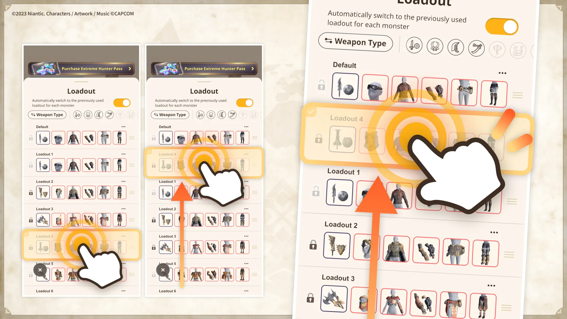 صورة الناشر توضح سحب Loadout 4 إلى الأعلى بين تجهيزات Monster Hunter Now
