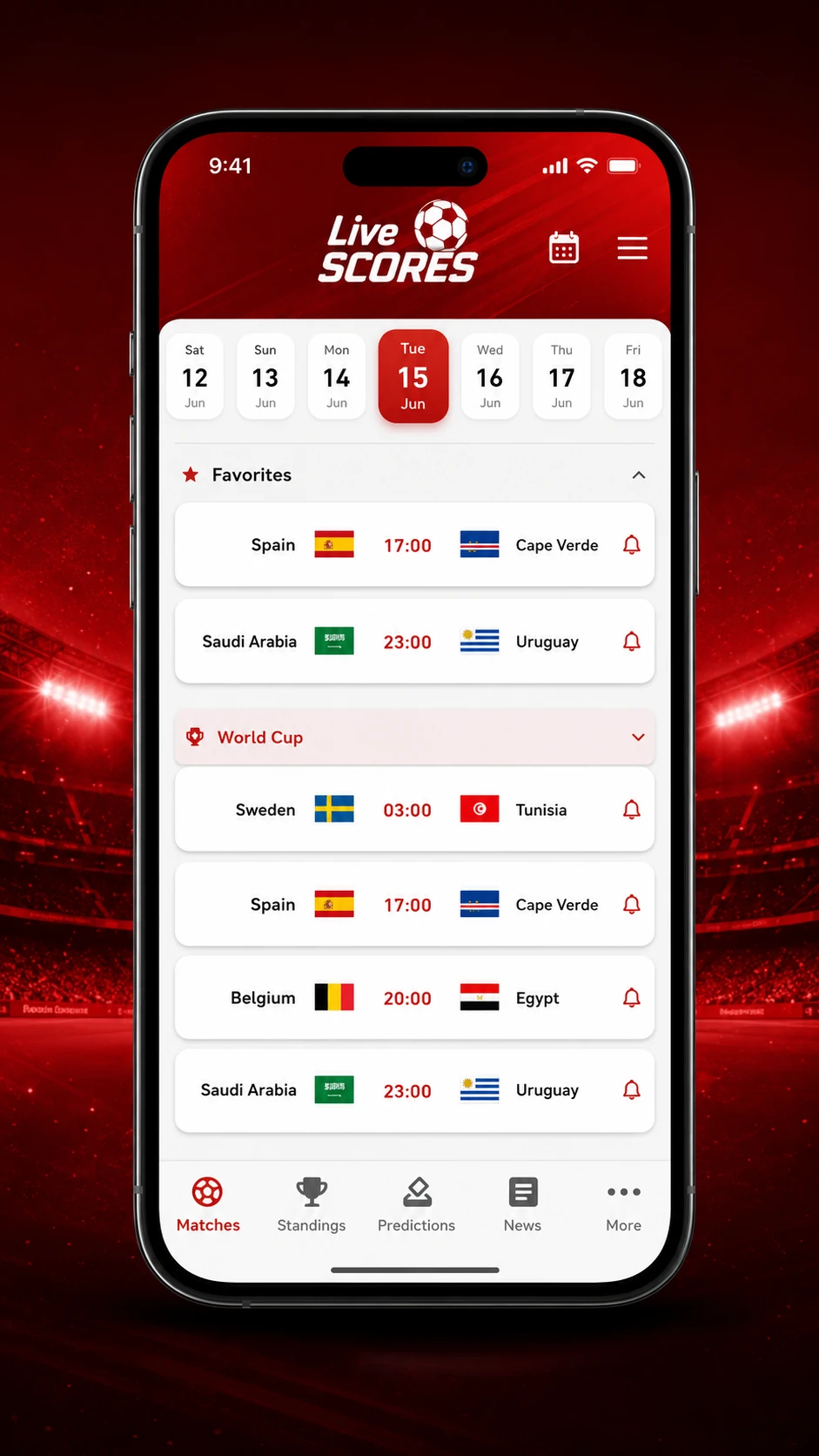 قائمة Matches في Live Scores تعرض صف أيام ومجموعات مباريات داخل نموذج iPhone.