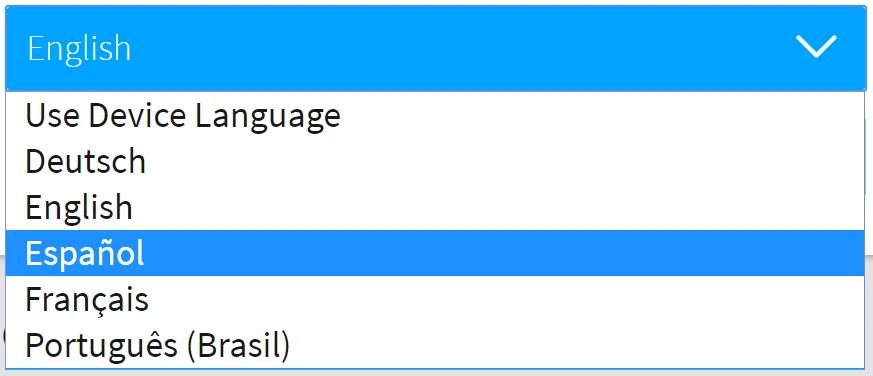 قائمة لغة حساب Roblox وفيها English وحقل Español مظلل