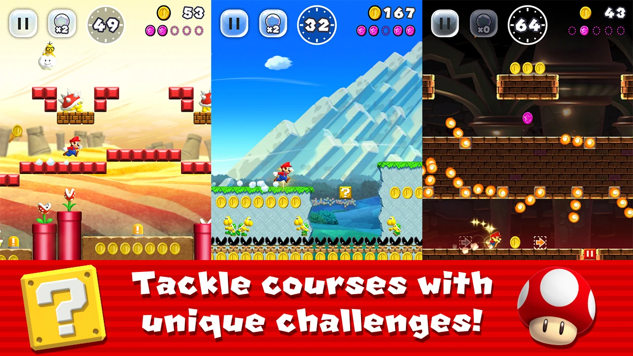 ثلاث لقطات رسمية من Super Mario Run تعرض الصحراء والجبال ومرحلة نارية مع العدادات