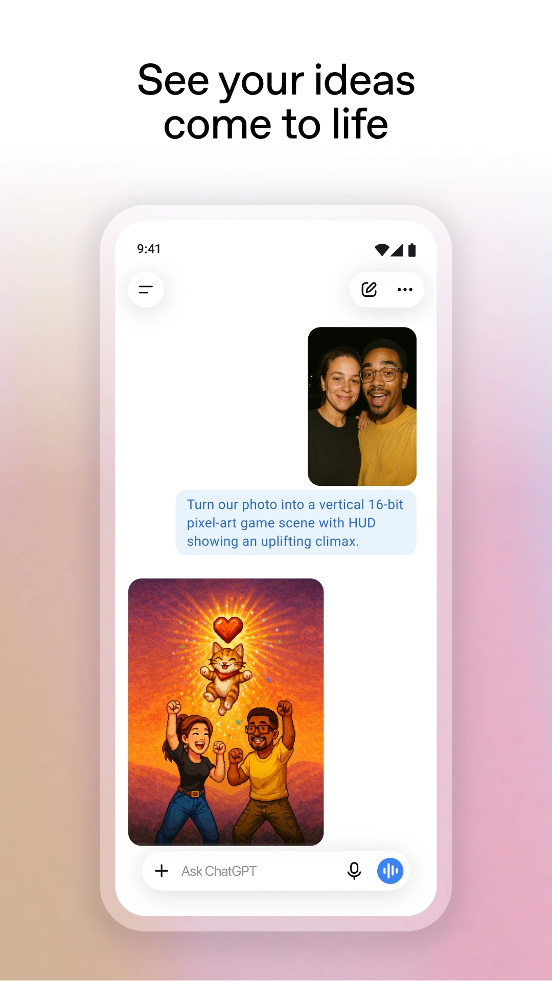 مثال ChatGPT لتحويل صورة شخصين إلى أسلوب بكسل، مع ميكروفون وزر Voice أسفل المحادثة