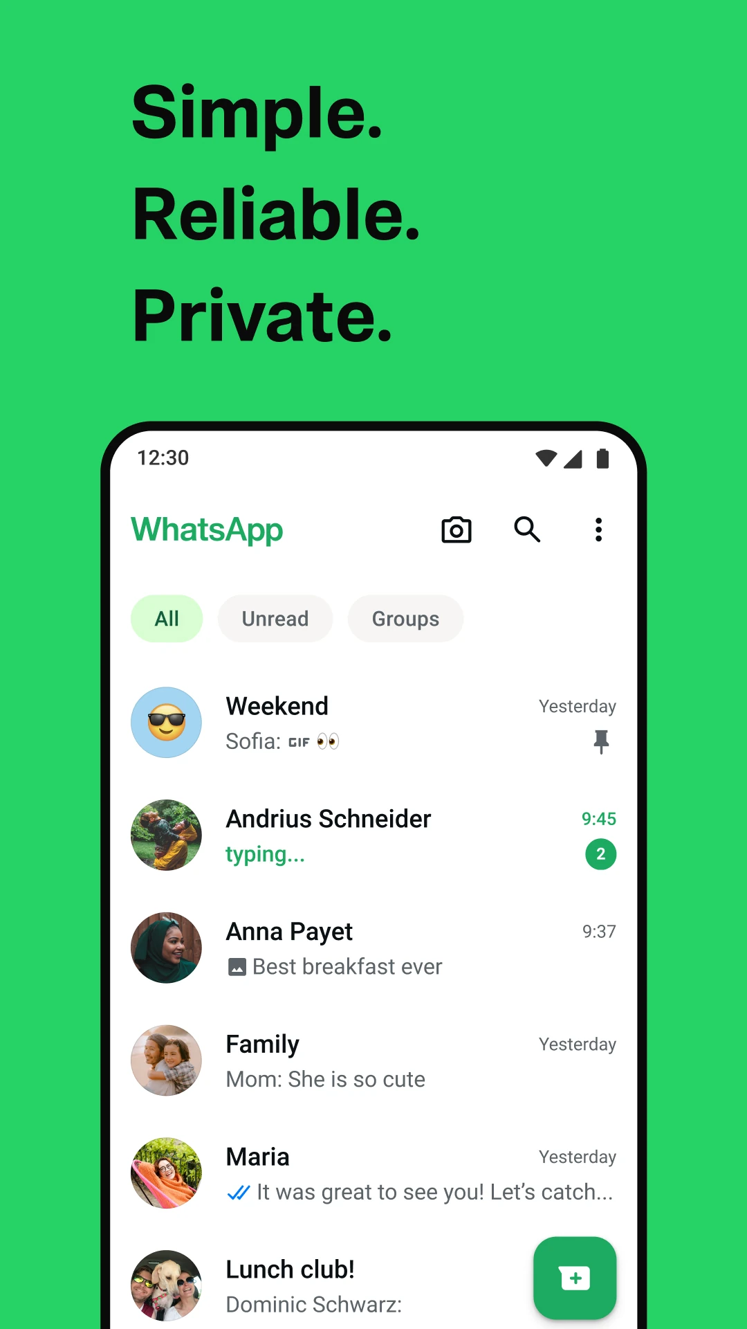 قائمة محادثات WhatsApp الرسمية مع تبويبات الكل وغير المقروء والمجموعات