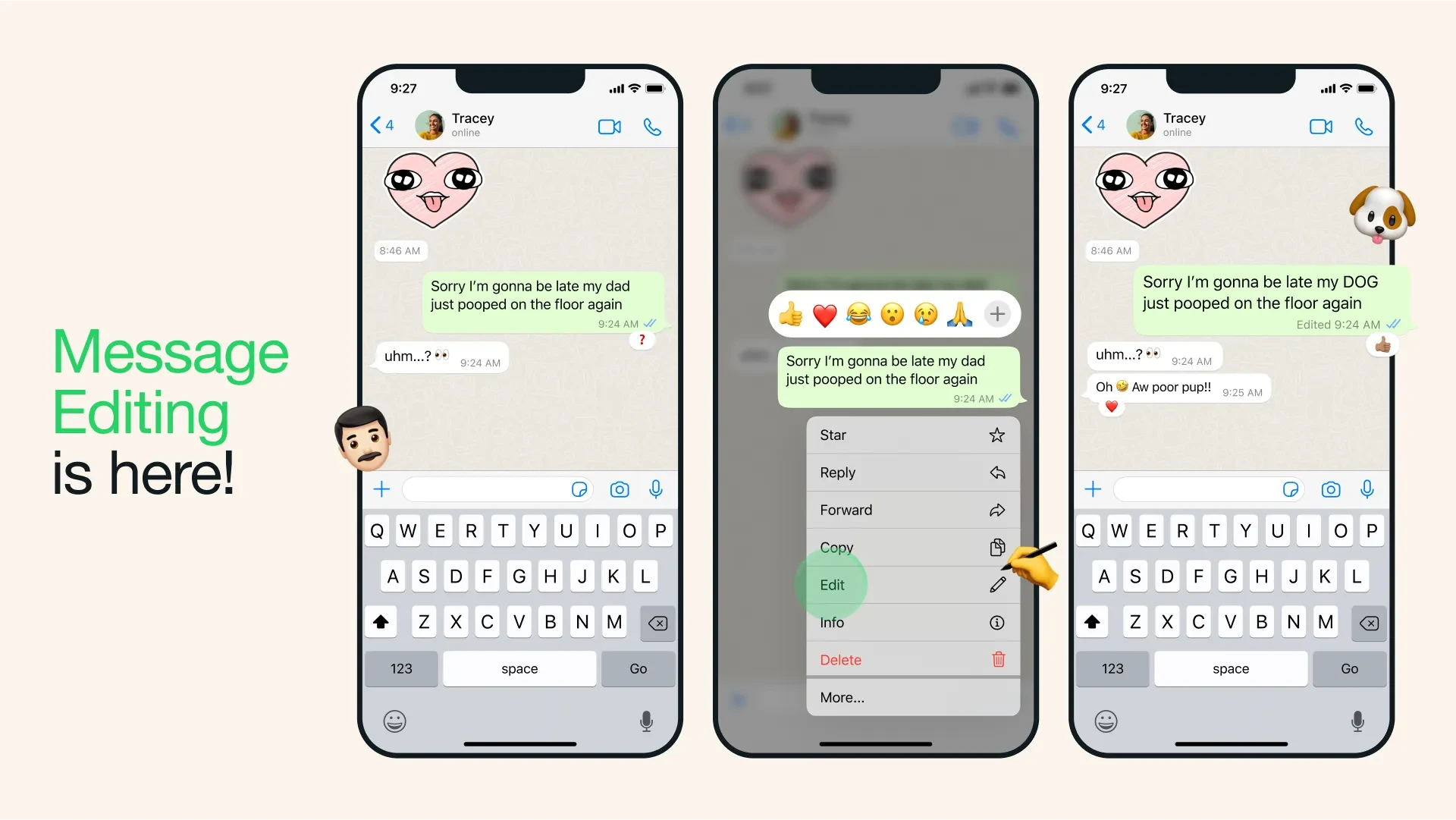 صورة WhatsApp الأصلية بثلاثة هواتف iPhone تعرض Edit ورسالة بعدها وسم Edited