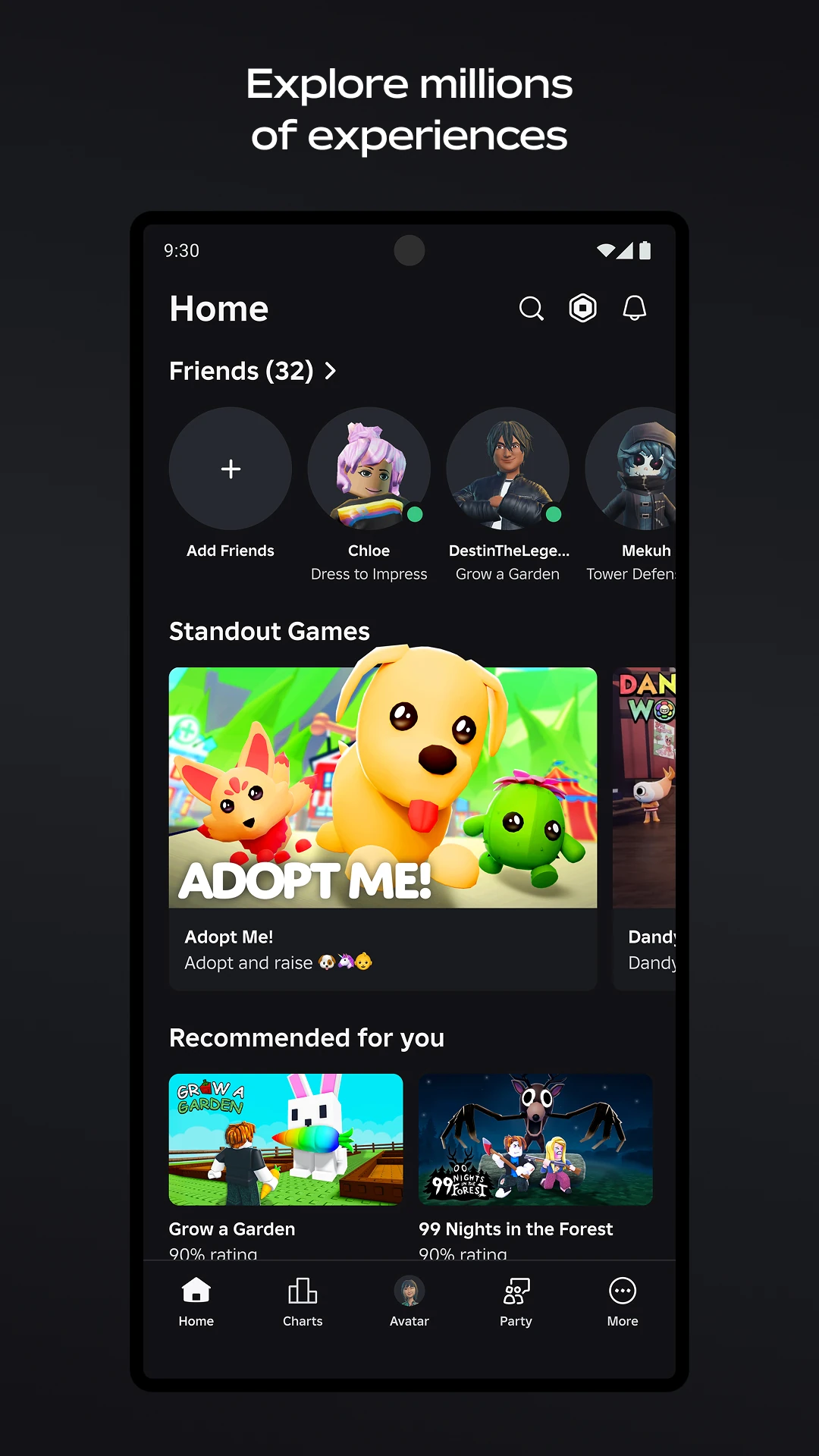 صفحة Home في Roblox تعرض أصدقاء وبطاقة Adopt Me وتوصيات لألعاب