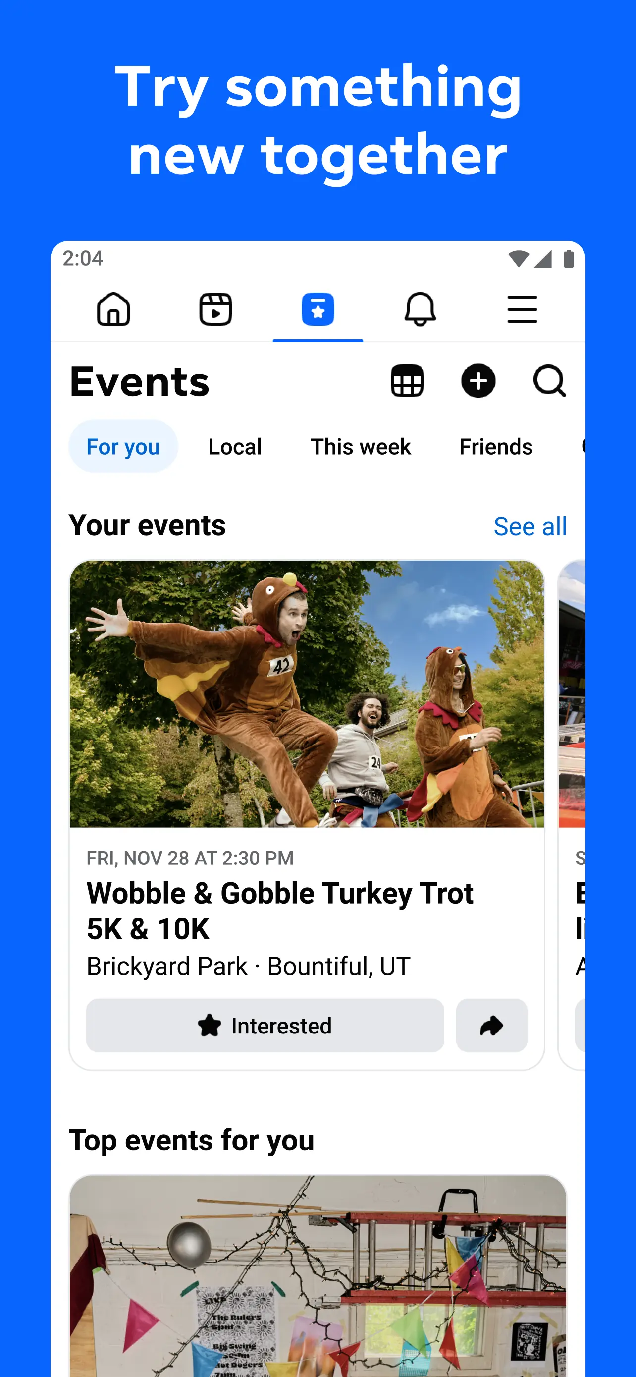 صفحة Events في Facebook تعرض مثال سباق Wobble and Gobble وزر Interested