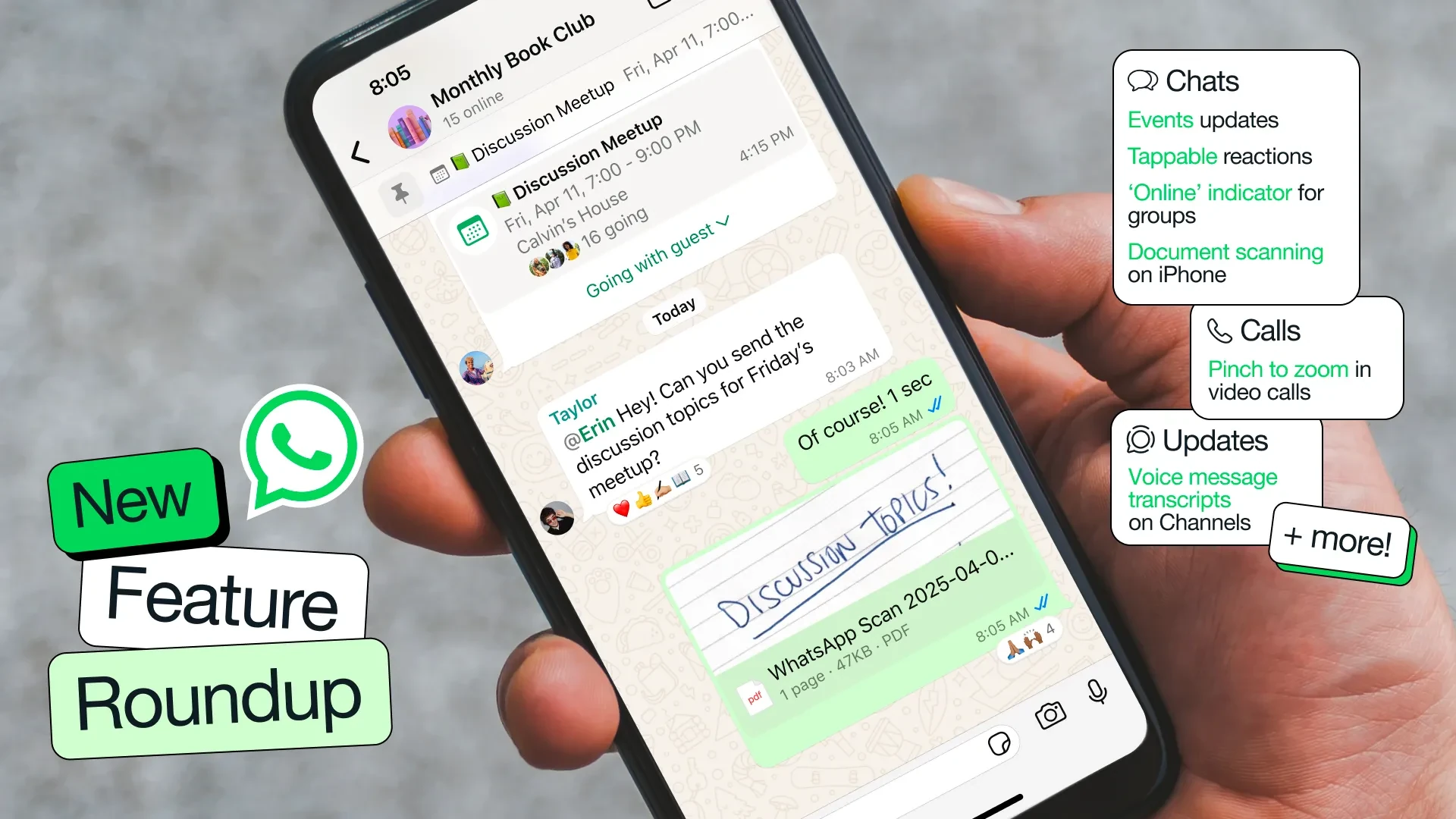 إعلان WhatsApp يعرض بطاقة Discussion Meetup ورد Going with guest على iPhone