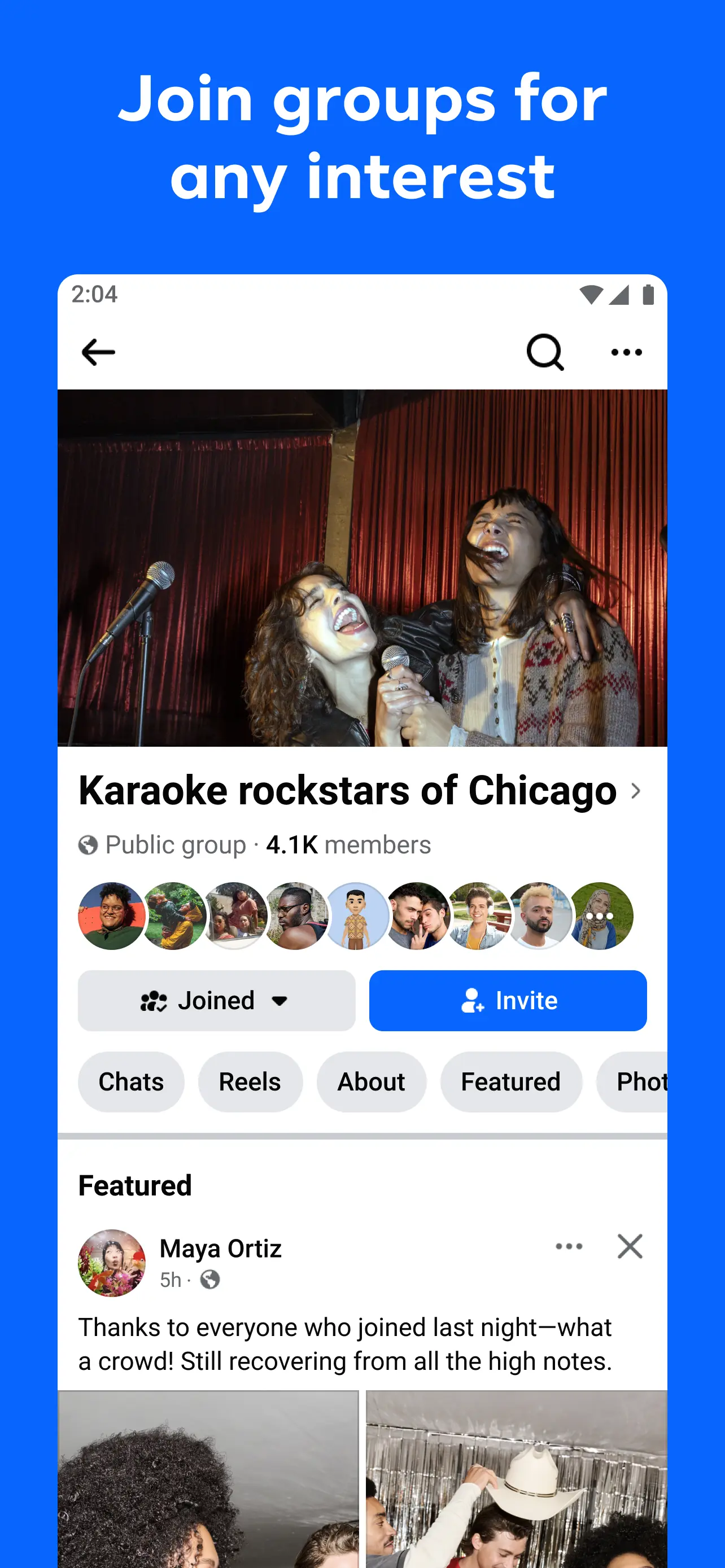 صفحة مجموعة Karaoke rockstars of Chicago مع وصف Public group وزر Invite