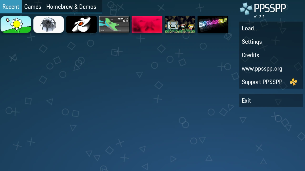 واجهة PPSSPP تعرض ألعابًا وتجارب منزلية مع Settings والإصدار v1.2.2