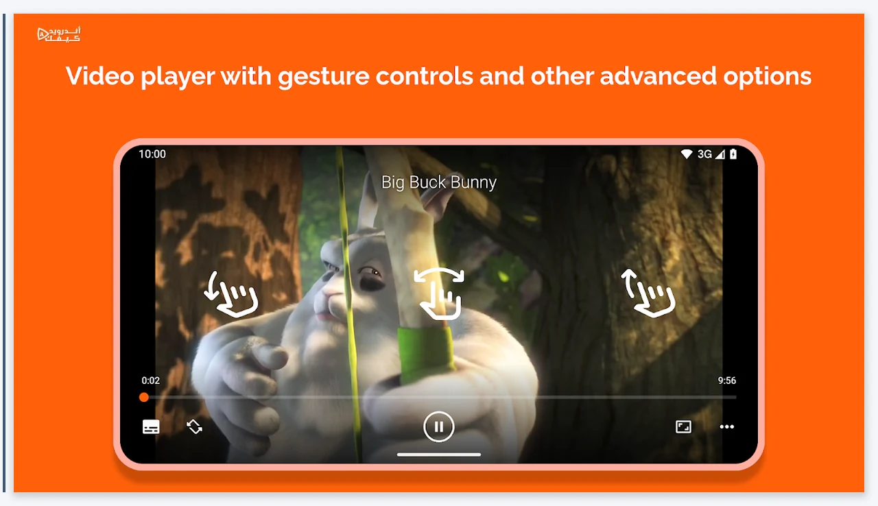 مثال VideoLAN لمشغل فيديو أفقي في VLC وأزرار التحكم والإيماءات