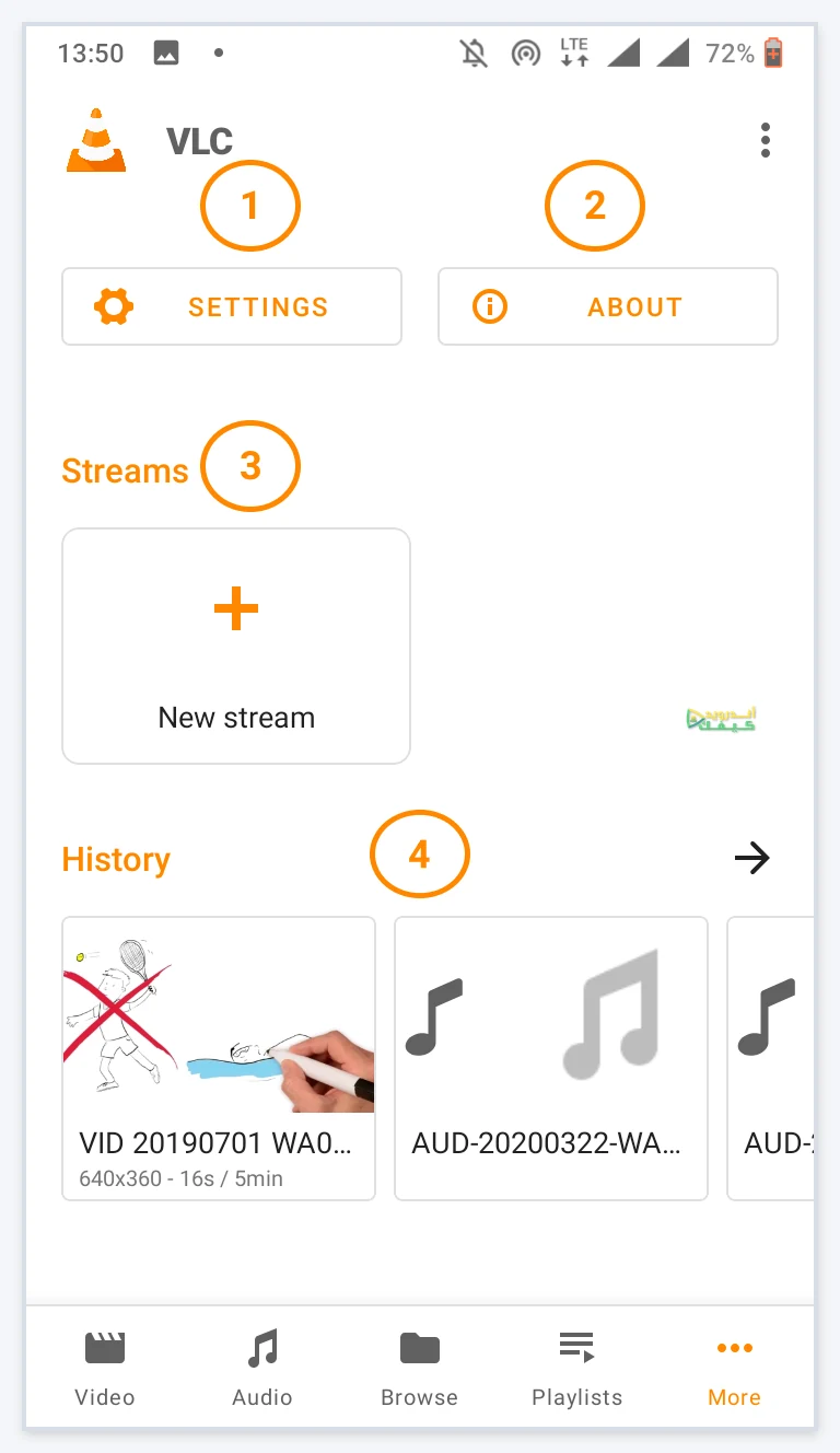 واجهة المزيد القديمة في VLC مع زر New stream وأرقام الشرح الأصلية