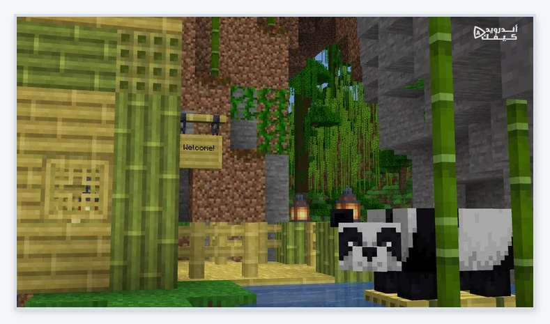 لافتة بامبو معلقة بكلمة Welcome قرب منزل بامبو وباندا في Minecraft