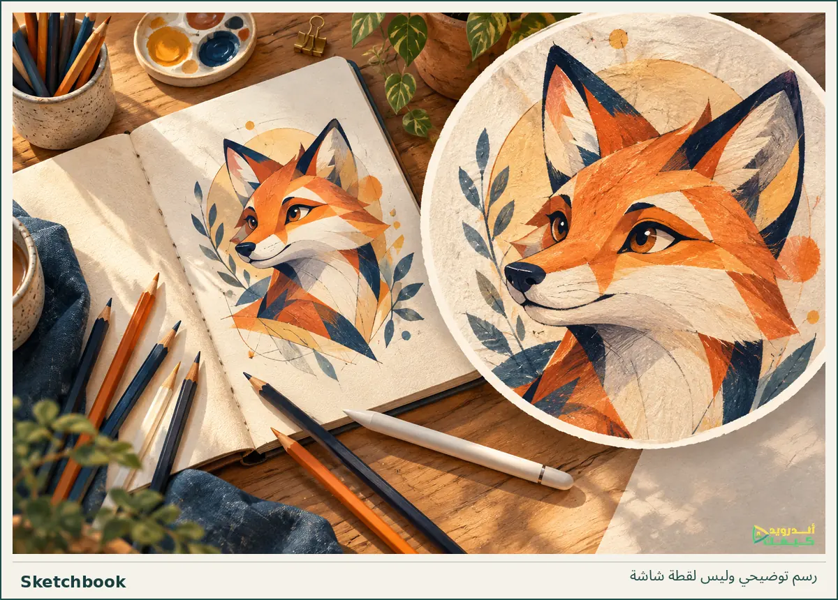 رسم ثعلب في دفتر وبنسخة دائرية مع أدوات تلوين